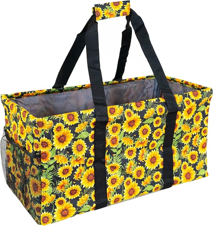 Extra Large Utility Tote Bag - Oversized Collapsible Reusable Wire Frame Rectangular Canvas Basket With Two Exterior Pockets For Beach, Pool, Laundry, Car Trunk, Storage - Sunflower