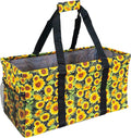 Extra Large Utility Tote Bag - Oversized Collapsible Reusable Wire Frame Rectangular Canvas Basket With Two Exterior Pockets For Beach, Pool, Laundry, Car Trunk, Storage - Sunflower