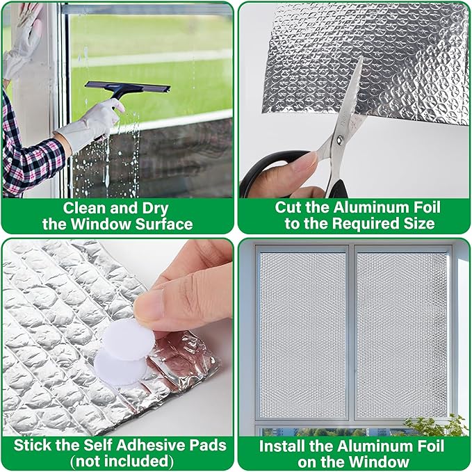 winemana Window Insulation Roll, 48IN x 15FT Reflective Heat Shield Bubble Film, Double-Sided Aluminum Foil Insulation, Weatherproof Garage Door Cover for Windows, RV, Basement, Winter & Summer