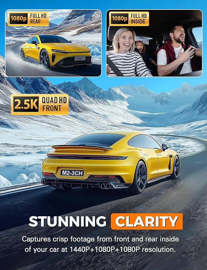 3 Channel WiFi Dash Cam Front and Rear Inside with 64GB SD Card, 2.5K+1080P+1080P Car Dash Camera for Cars Front and Rear, Da