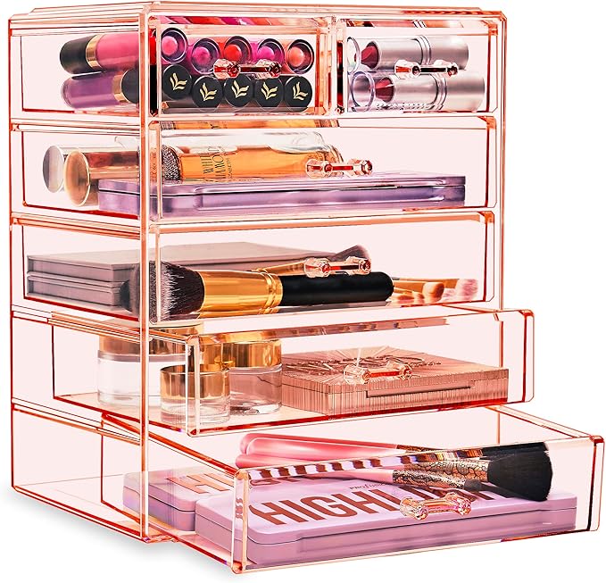 Sorbus Acrylic Makeup Organizer Set, 6-Drawer Vanity & Countertop Cosmetic Storage with Small & Wide Drawers, Pink Makeup Sto