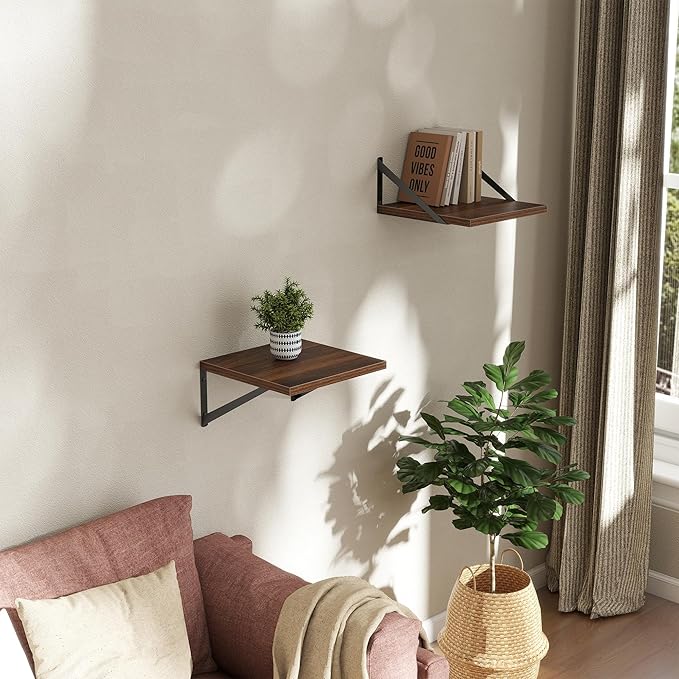 Deep Floating Shelves Wall Mounted, 12"x12" Walnut Wall Shelves with Brackets Set of 2 for Bedroom, Living Room, Bathroom, Ki