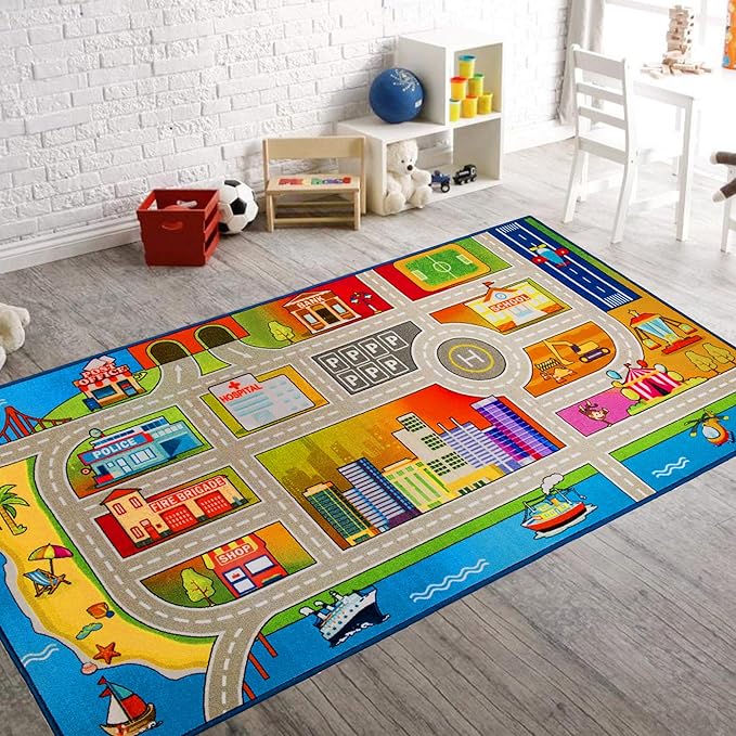 Booooom Jackson Kids Car Rug 39x79 inch, Car Mat for Kids Toy Cars,Road Carpet Playmat Rug,Buildings Parking Helipad Printed 
