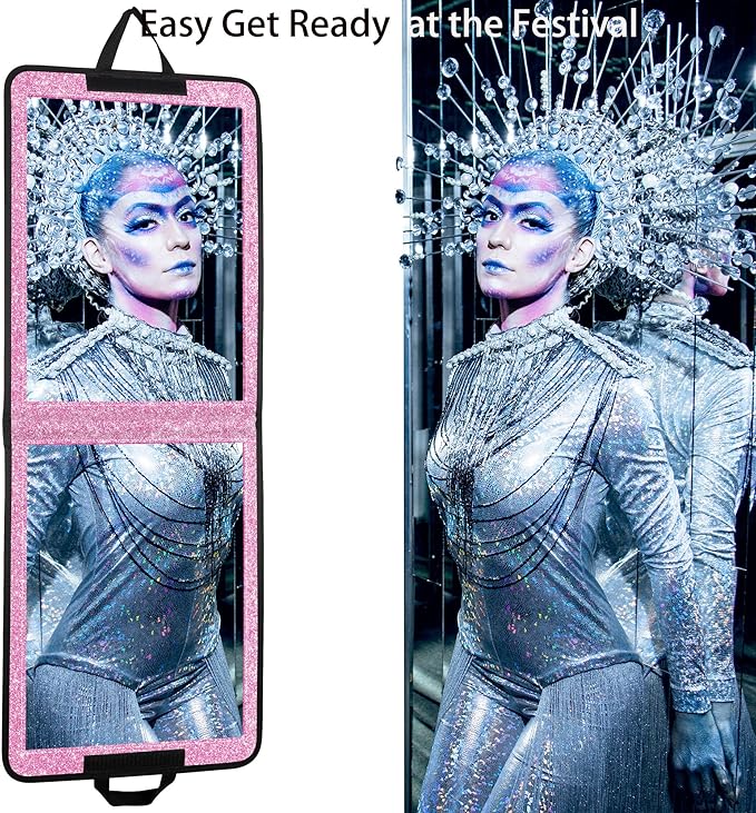 LPHUMEX Glitter Purple Folding Full Length Mirror, 13x33 inch Foldable Travel Body Mirror for Dance, Festivals, Fair Booth
