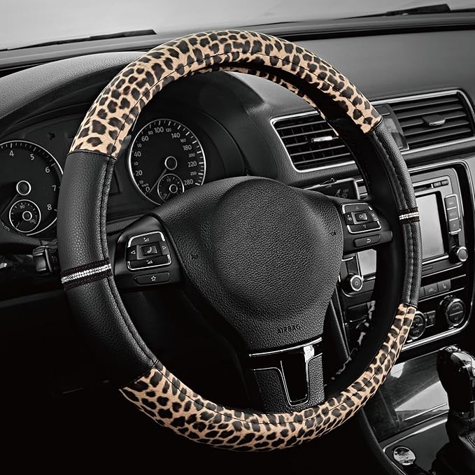 Road Comforts Leopard Steering Wheel Cover - Made with PVC Leather Cheetah Print - Anti-Slip, Universal Fit 14 1/2 inches to 