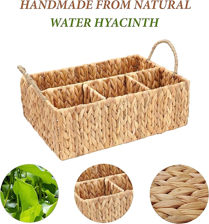 Wicker Divided Storage Basket Woven Natural Basket Hyacinth for Organizing Bathroom Kitchen Shelves Office Supplies Organizat