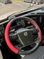 18-Inch Genuine Leather Steering Wheel Cover for Semi Trucks – Red with Black Carbon Fiber Imitation, Heavy-Duty Non-Slip Grip, Universal Fit, Easy Installation