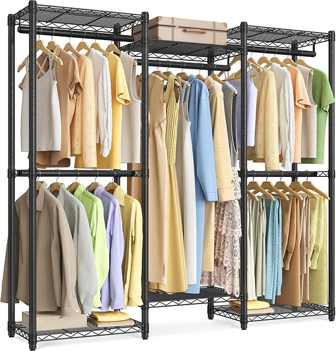 SONGMICS Heavy-Duty Clothes Rack, Garment Rack, Portable Closet, 56.9-Inch Wide Clothing Rack, with Adjustable Mesh Shelves a