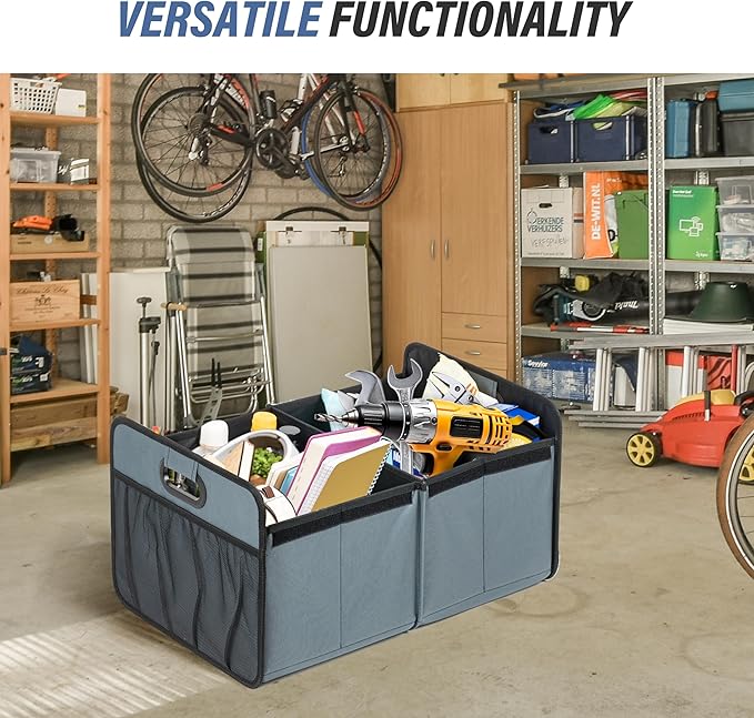 Simple Deluxe Car Trunk Organizer with Lid, Collapsible 2 Compartment 50L Automotive Storage Box with 5 Pocket, 600D Waterproo