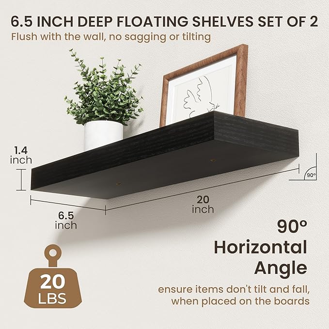 20 Inch Floating Shelves | 6.5 Inch Deep Black Floating Shelves Set of 2 | 20" W x 6.5" D Rustic Black Wood Wall Shelves with