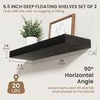 20 Inch Floating Shelves | 6.5 Inch Deep Black Floating Shelves Set of 2 | 20" W x 6.5" D Rustic Black Wood Wall Shelves with