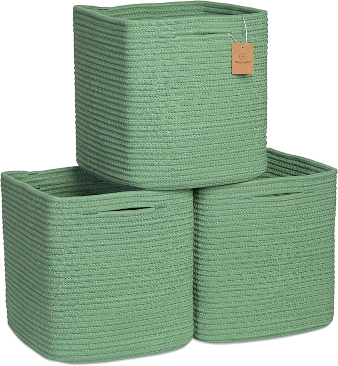 NaturalCozy Storage Cubes 11 Inch Cotton Rope Woven Baskets for Organizing, 3-Pack | Cube Storage Bin | Square Storage Basket