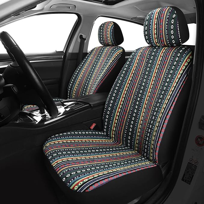 Pariitadin Baja Saddle Blanket Car Seat Covers Front Set with Seat Belt Pads, Washable Breathable Striped Woven Cloth Seat Co