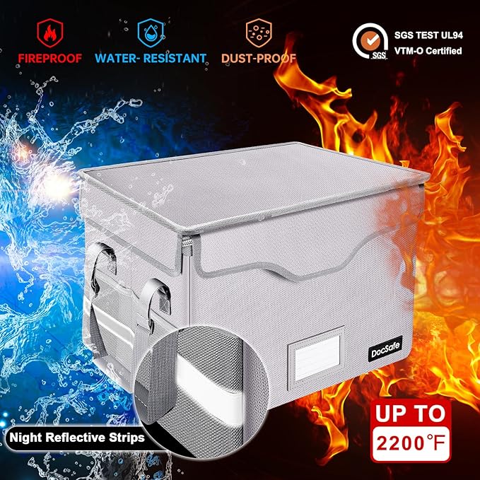 DocSafe Fireproof Document Box with Lock,File Storage Organizer with Zipper Pockets,Collapsible Portable File Box Home Office