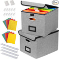 2Pack File Storage Organizer with 10 Hanging Folders & Plastic Slide, Collapsible Linen File Box with Lid for Office, Home, M