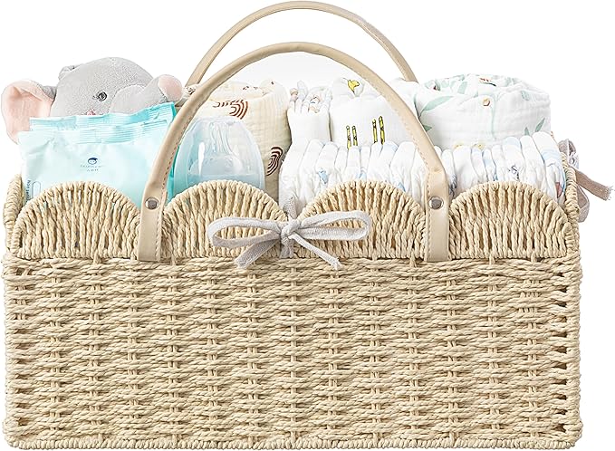 HBlife Large Baby Diaper Caddy, Paper Rope Storage Baskets Nursery Bin with Removable Divider, Portable Car Organizer for Dia