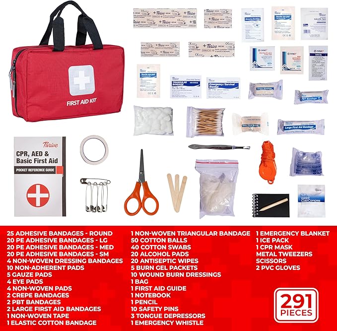 Thrive Home Essentials First Aid Kit (291 Pieces) - First Aid Bag with Multi-Sized Bandage, Gauze, Wipes, Scissors, Gloves, T