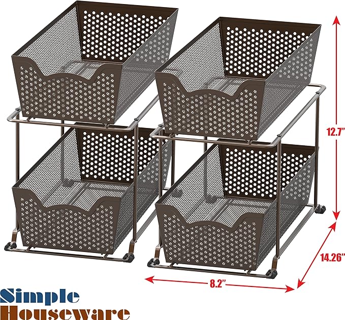 Simple Houseware Cabinet 2 Tier Perforated Basket Drawer, Bronze - 2 Pack
