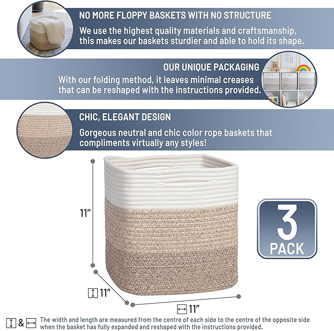 NaturalCozy Storage Cubes 11 Inch Cotton Rope Woven Baskets for Organizing, 3-Pack | Cube Storage Bin | Square Storage Basket