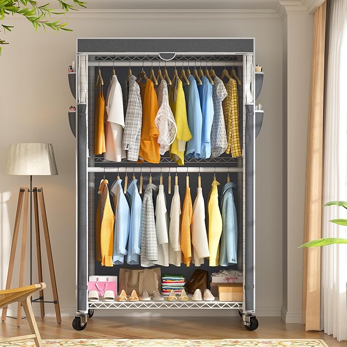 Raybee Rolling Clothes Rack with Cover Clothing Racks for Hanging Clothes Heavy Duty Portable Closet with Wheels Garment Rack