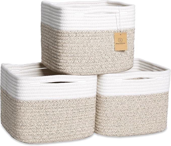 NaturalCozy Storage Cubes 9”x9”x7”Cotton Rope Woven Baskets for Organizing 3-Pack | 9 Inch Cube Storage Bin | Small Basket fo