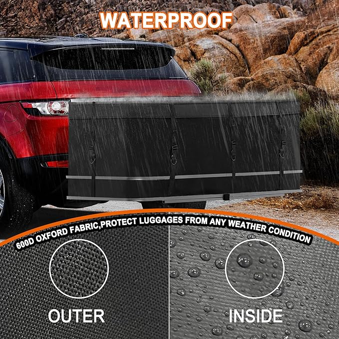 MDSTOP Hitch Cargo Carrier Bag, Waterproof Cargo Bag, 12.5 Cu Ft 53"x20"x20" Rainproof Vehicle Soft-Shell Carriers, with 8 Reinforced Straps for Vans Truck Pickup (Black, 12.5 cu. ft 53"x20"x20")