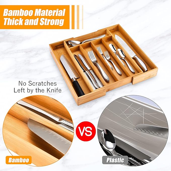 Bellsal Silverware Organizer Kitchen Drawer Organizer Expandable Bamboo Utensil Holder Cutlery Tray for Kitchen Utensil and F