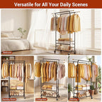 Clothes Rack with 3-Level Height Adjustment - Double Rod Extendable Hanging Rails with Wooden Finials, Luxury 2-Tier Metal St
