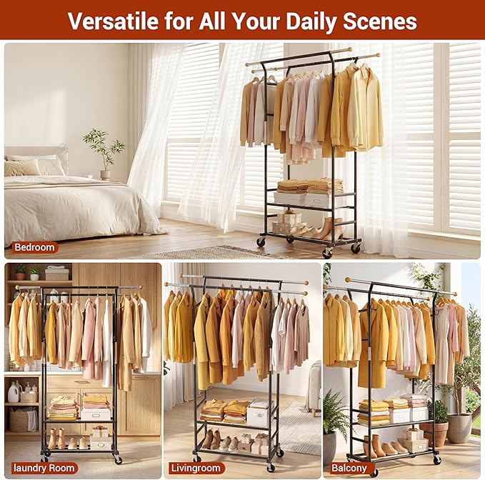 Clothes Rack with 3-Level Height Adjustment - Double Rod Extendable Hanging Rails with Wooden Finials, Luxury 2-Tier Metal St