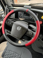 18-Inch Genuine Leather Steering Wheel Cover for Semi Trucks – Red with Black Carbon Fiber Imitation, Heavy-Duty Non-Slip Grip, Universal Fit, Easy Installation