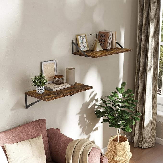 Deep Floating Shelves Wall Mounted, 24"x12" Brown Wood Shelves with Brackets Set of 2 for Bedroom, Living Room, Bathroom, Kit