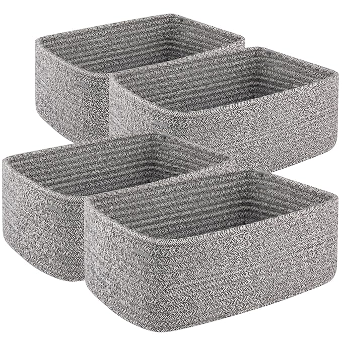 OIASKET 4 Pack Small Storage Shelf Baskets for Organizing, Mini Woven Rope Storage Bins for Towels, Cute Decorative Closet Or