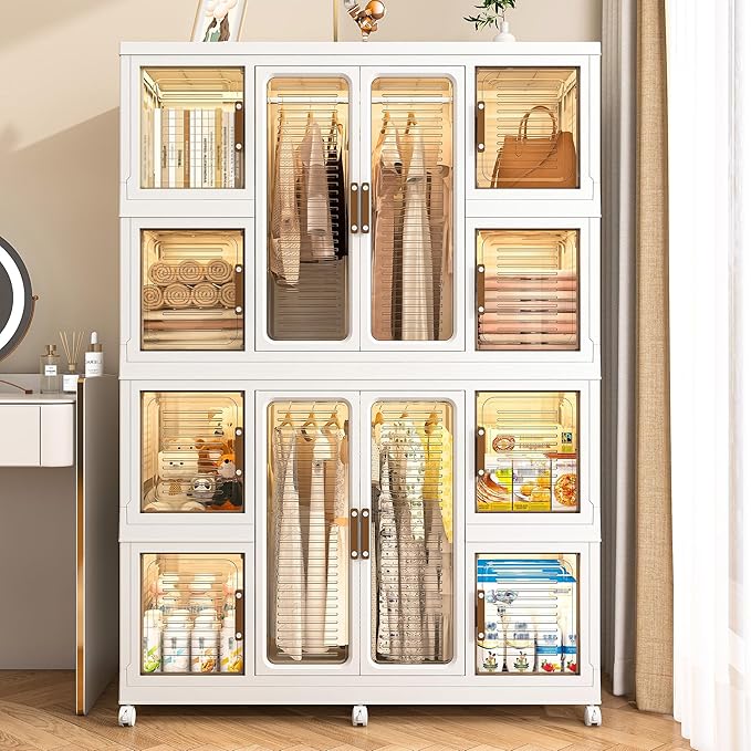 Portable Wardrobe Closet Storage Organizer for Clothes, Clothes Dresser, 12 Magnetic Doors-12 Cubes & 2 Hanging Rod,16 pcs Ha