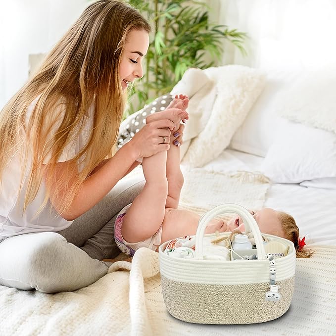 Large Baby Diaper Caddy Organizer for Girl Boy Rope Nursery Storage Bin Basket Portable Holder Tote Bag for Changing Table Ca