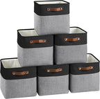 FinishingBo Cube Storage Baskets 6 Pack, 11x11 inch Cube Storage Bins with Leather Handles for Shelf Closet (Black/ Gray)