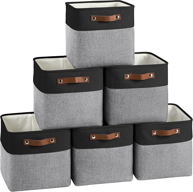 FinishingBo Cube Storage Baskets 6 Pack, 11x11 inch Cube Storage Bins with Leather Handles for Shelf Closet (Black/ Gray)