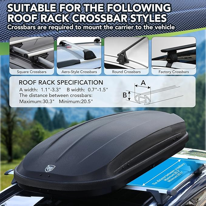 Rooftop Cargo Box Carrier 390L, Hard Shell Roof Box for Roof Rack, 14 Cu Ft Luggage Storage with Secure Straps&Keys, Weather-Resistant Roof Rack Cargo Box
