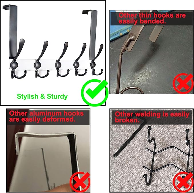 Dseap Over The Door Hook Hanger - Fits 1 3/8" to 1 3/4" Standard Doors | 5 Tri Hooks Heavy Duty Towel/Coat Rack | Door Organi