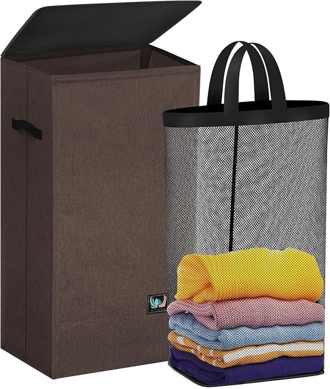 WTREE Laundry Hamper with Lid, Reinforced Sturdy Clothes Hamper with Anti-Puncture Base, Large Collapsible Laundry Basket wit
