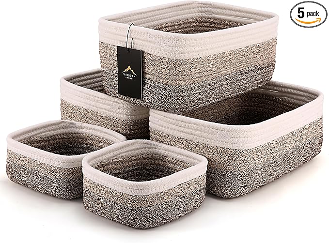 5-Pack Small Woven Rope Storage Baskets – 2 Sizes Organizer Bins for Closet, Shelf, Bookshelf, Nursery, Changing Table, Fabri
