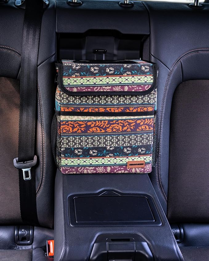 Car Garbage Can Cute - Leak-Proof Car Trash Can with Lid and Storage Pockets, Car Trash Bin for Men and Women, Boho Aztec Essentials: Must-Have Car Interior Accessories (Boho Carnival)