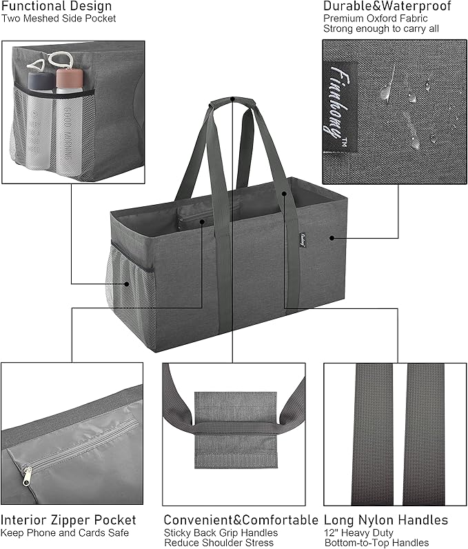Finnhomy 42L Extra Large Utility Tote Bag, Oxford Fabric Reusable Folding Grocery Bags with Handles and Pockets, 2 Pack