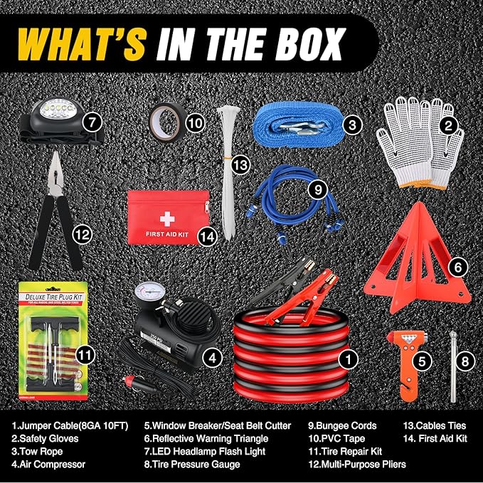 Nilight Car Emergency Kit with Jumper Cable Air Compressor Tire Repair Essential Tools First Aid Alligator Connector Electric