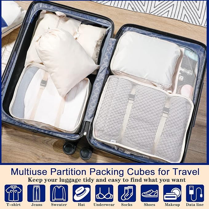 28 Pcs Packing Cubes Packing Organizers Luggage Organizer Bags Foldable Travel Luggage Cubes Suitcases Organizer Bags (Dark C