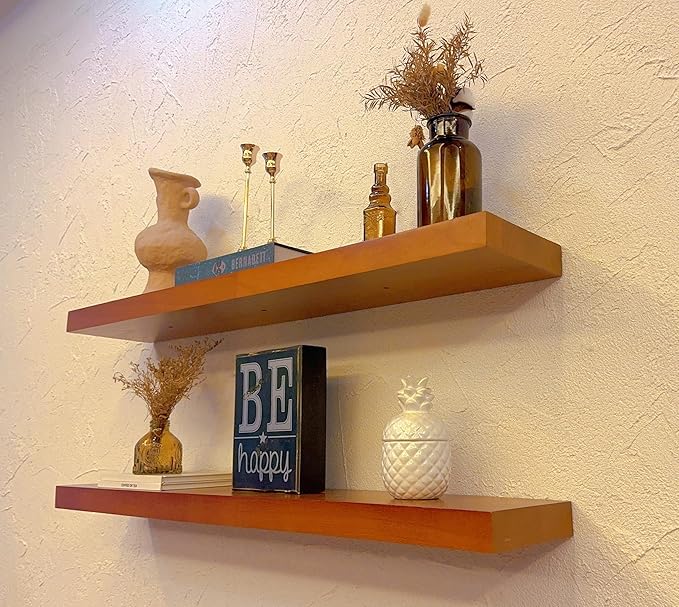 IEO Long Wooden Floating Shelves for Room Wall, Natural Wood Floating Shelves Wall Mounted Kitchen Shelf for Living Room, Bed