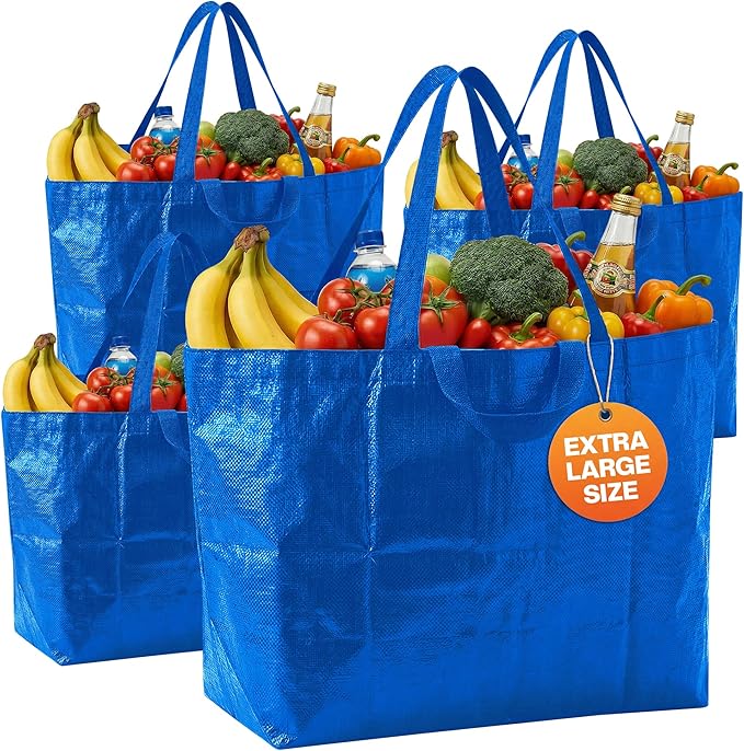 DURASACK Haul-It-All Extra-Large Reusable Shopping Bag – Heavy Duty Open-Top Tote with Handles, 18-Gallon Capacity, Blue, Pack of 4