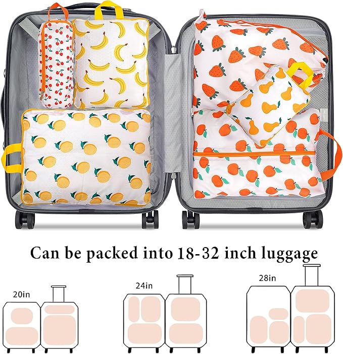 Compression Packing Cubes for Suitcases, 6 Set Cute Fruit Luggage Organizer, Lightweight Waterproof Expandable/Compression Ba
