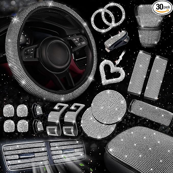 NBTEPEM 30 Pcs Bling Car Accessories Set for Women, Silver Steering Wheel Cover Set, Bling Console Cover, Seat Belt Cushion, Shift Knob Cushion, Cup Holder Coaster, Rhinestone Car Hanging Accessories