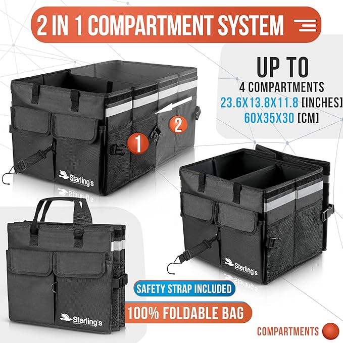 Starling's Car Trunk Organizer Super Strong, Foldable Storage Cargo Box for SUV, Auto, Truck Nonslip Waterproof Bottom, Fits