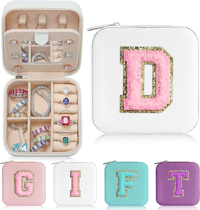 Parima White Jewelry Box for Women - Personalized Travel Chenille Letter Patches Jewelry Case, Multifunctional, Includes Ring